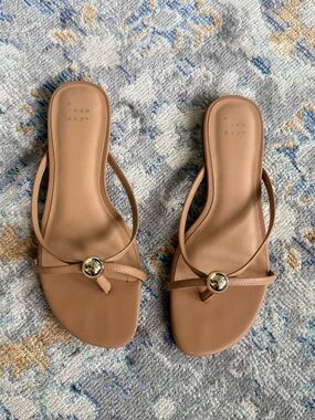 EUC! a new day Tan Slide Sandals with Gold Medallion